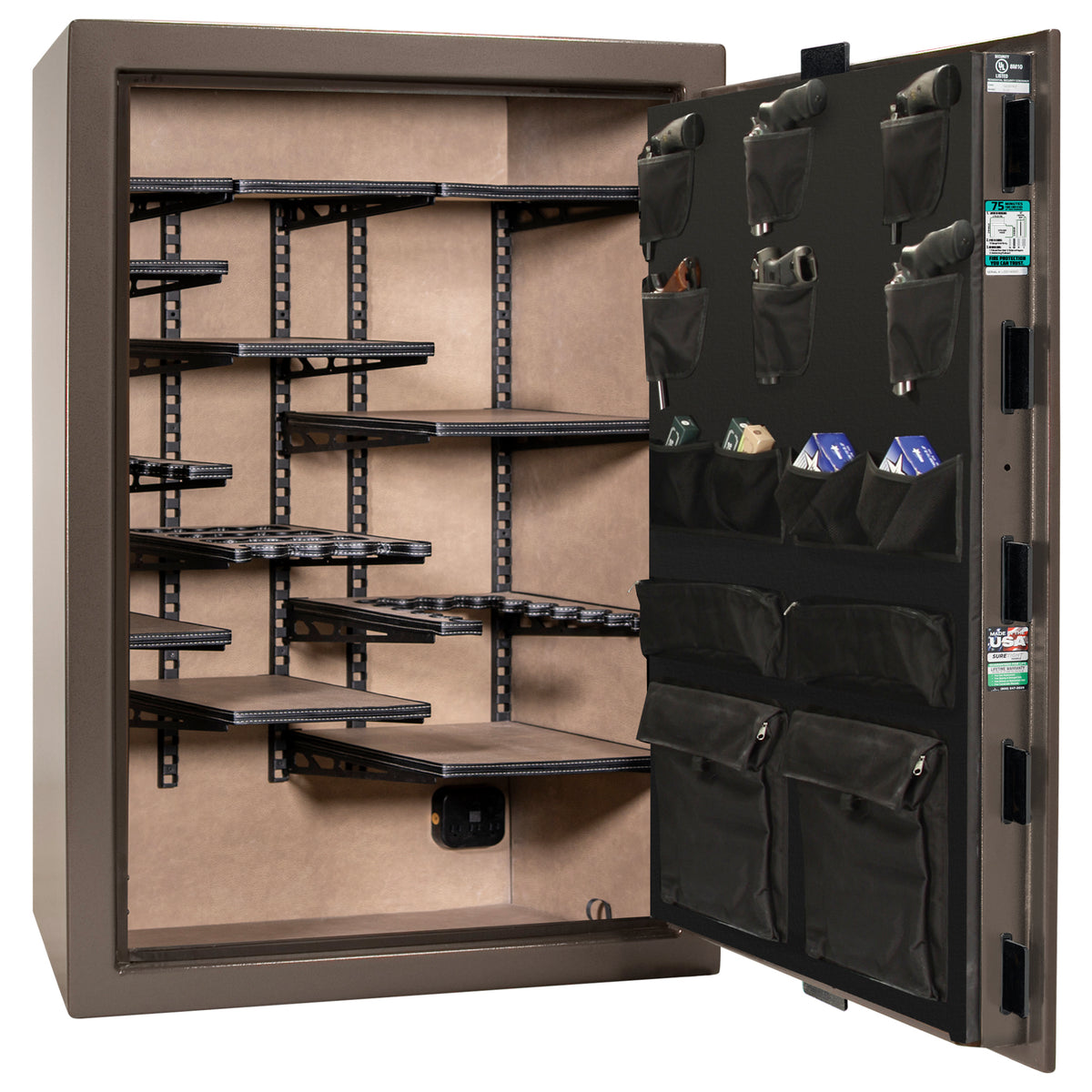 Colonial 35 | Pro Flex Interior | Level 4 Security | 75 Minute Fire Protection | Dimensions: 60.5"(H) x 42"(W) x 22"(D) | Up to 45 Long Guns | Bronze Textured | Electronic Lock – Open